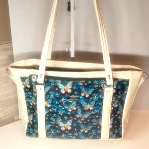 Butterfly Print Tote Bag - Cream and Blue